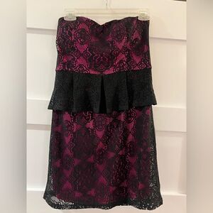 Dots Hot Pink & Black Lace sexy Strapless Peplum Retro Y2K Party dress size L